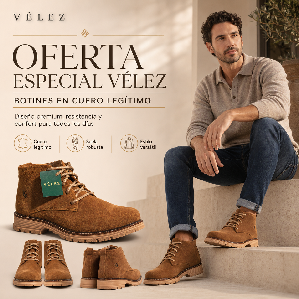 BOTIN VELEZ CUERO GENUINO CARNAZA + CAJA